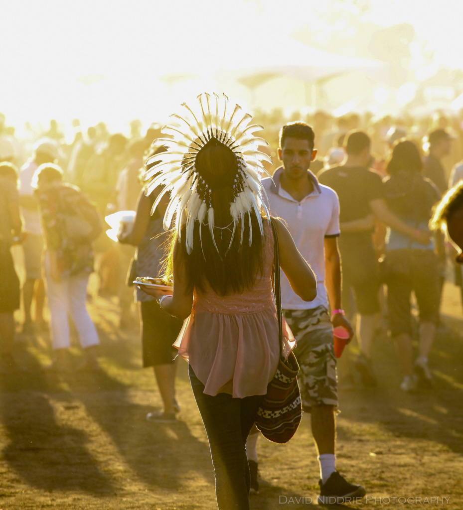 A woman wears a headdress at the Vancouver Folk Music Festival.