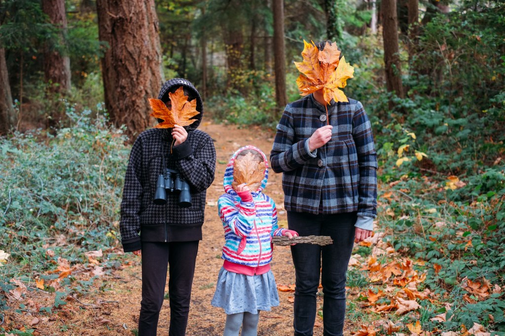Three girls hold giant tree leaves in front of their faces.