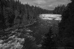 A black and white photo of a waterfall in Wells Gray&nbsp;Park.
