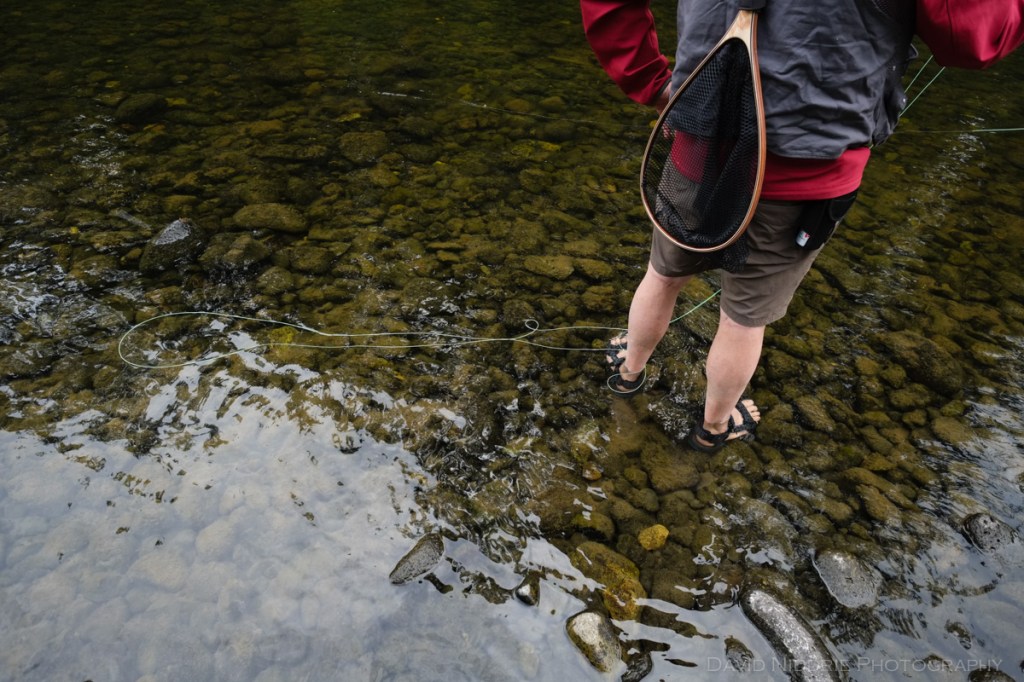 A man fishing on a river in Wells Gray Park.