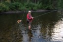 A man fly fishing shows off his lure in the river.