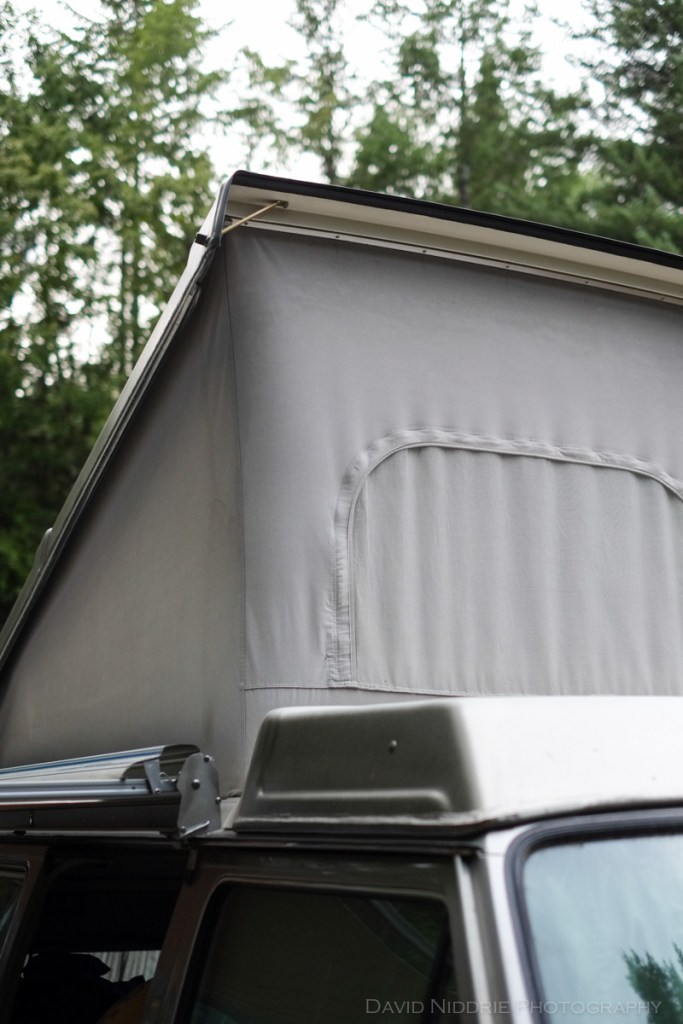 A VW Westfalia camper ready for a night in the wilderness.