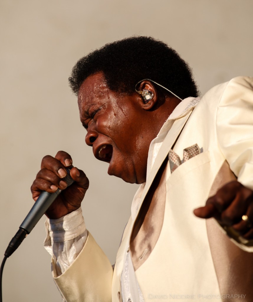 Lee Fields digs deep while performing a song at Vancouver Folk Music Festival.
