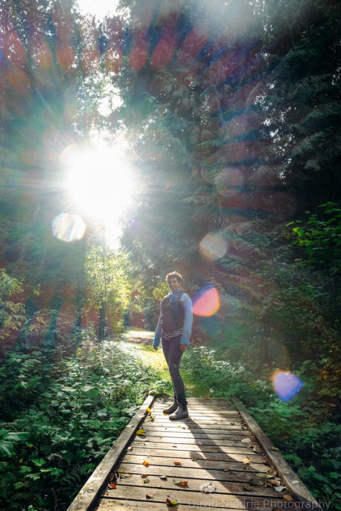 A woman poses on a forest trail during autumn.