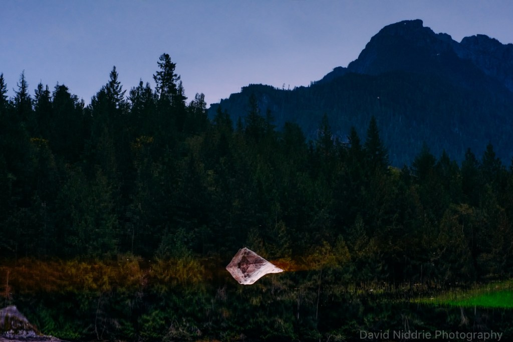 Forest and trees are reflected in a small pond along the river at sundown.