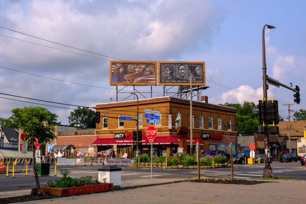 Landscape photo showing George Floyd Square in Minneapolis. 