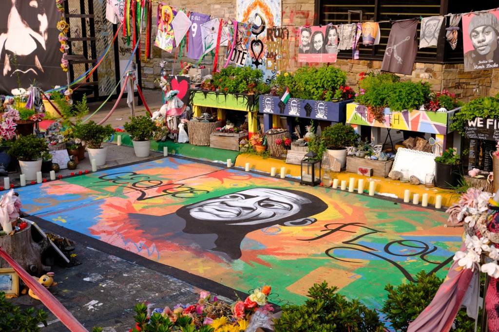 The colourful tribute to George Floyd and other murdered citizens on the street corner where it happened in Minneapolis. 